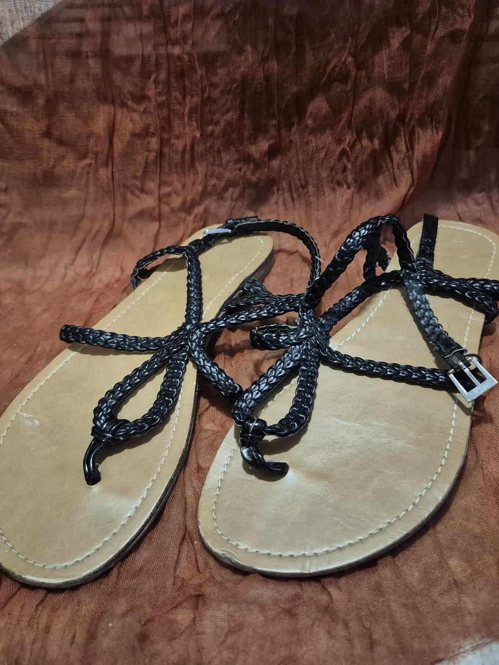 Braided Black Women’s Sandals - Classic Strappy Flat - Picture 1 of 3